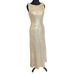 Gold Sequin Evening Gown Dress Cowl Draping Back & Zip Up Back Aleena Grace Sz 4